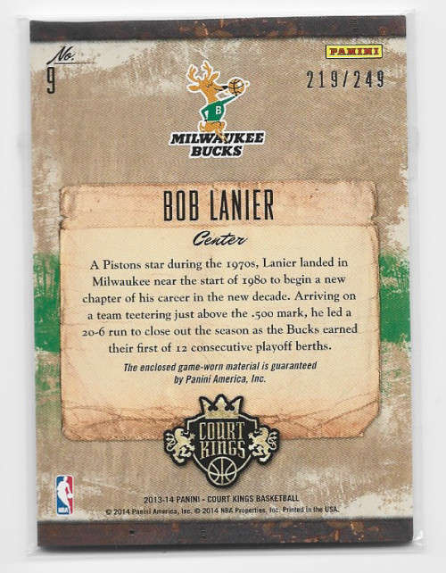 BOB LANIER  - PANINI BASKETBALL `NBA 2013/14`- `VINTAGE MATERIALS` `JERSEY` TRADING CARD #249