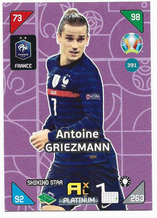 ANTOINE GRIEZMANN - EURO 2020 - `PANINI EURO 2020` - MAUVE FOIL `SHINNING STAR` TRADING CARD 391