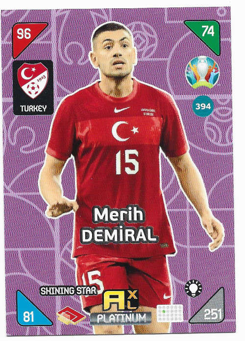 MERIH DEMIRAL - EURO 2020 - `PANINI EURO 2020` - MAUVE FOIL `SHINNING STAR` TRADING CARD 394