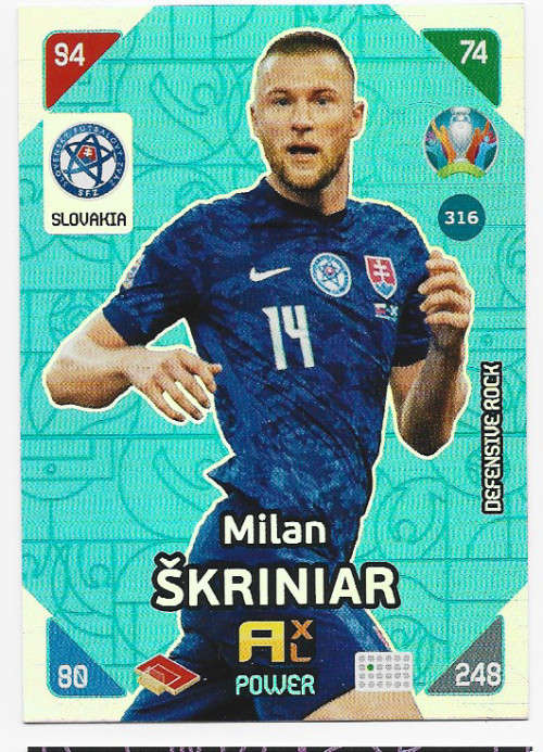 MILAN SKRINIAR - PANINI  `EURO 2020 KICK OFF` - BLUE FOIL `DEFENSIVE ROCK` TRADING CARD 316