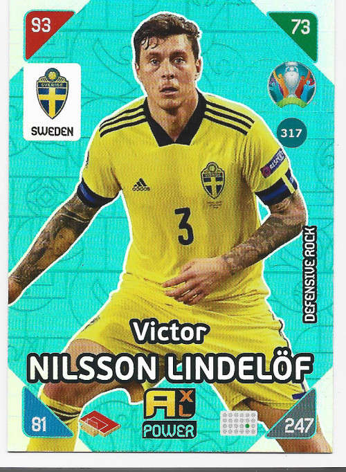 VICTOR LINDELOF - PANINI  `EURO 2020 KICK OFF` - BLUE FOIL `DEFENSIVE ROCK` TRADING CARD 317