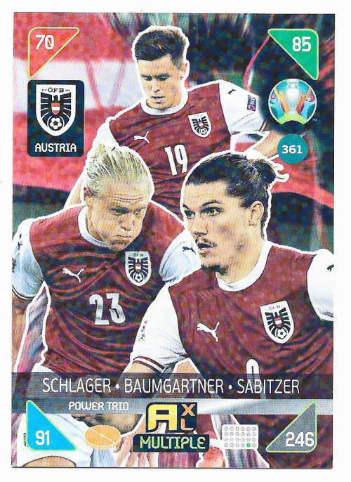 AUSTRIA - PANINI  `EURO 2020 KICK OFF` -  FOIL `POWER TRIO` TRADING CARD 361