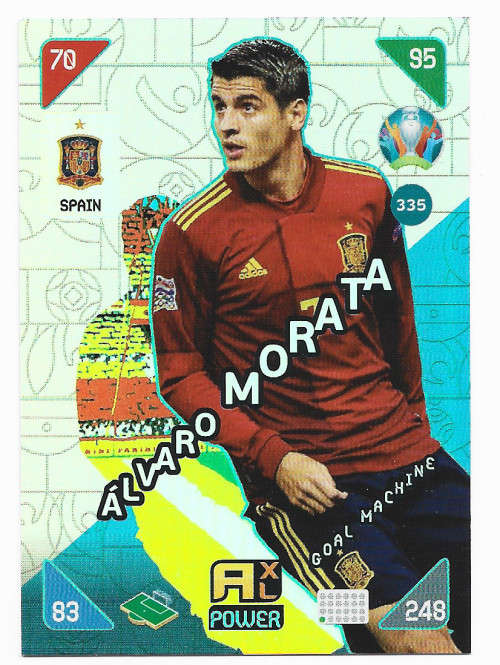 ALVARO MORATA - PANINI  `EURO 2020 KICK OFF` -  FOIL `GOAL MACHINE` TRADING CARD 335