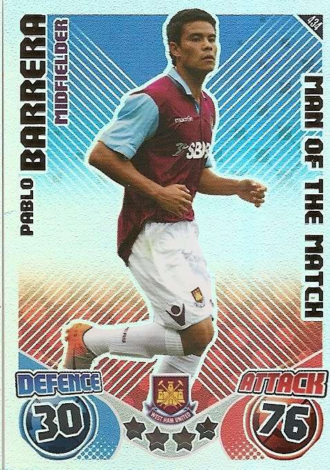 PABLO BARRERA - TOPPS `MATCH ATTAX` 2010/2011 - FOIL `MAN of the MATCH` TRADING CARD