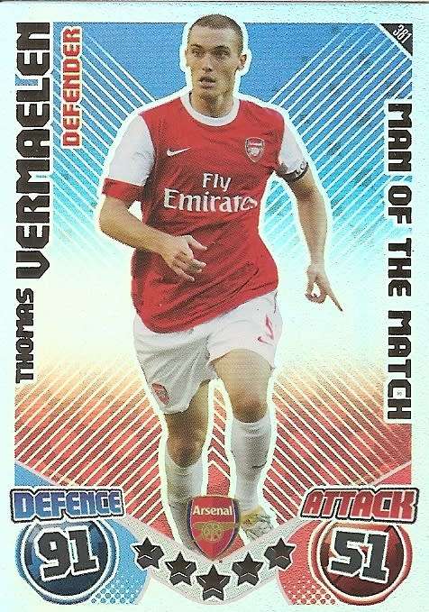 THOMAS VERMAELEN - TOPPS `MATCH ATTAX` 2010/2011 - FOIL `MAN of the MATCH` TRADING CARD