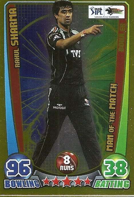 RAHUL SHARMA - TOPPS `CRICKET ATTAX` 2012 - GOLD `MAN of the MATCH` TRADING CARD