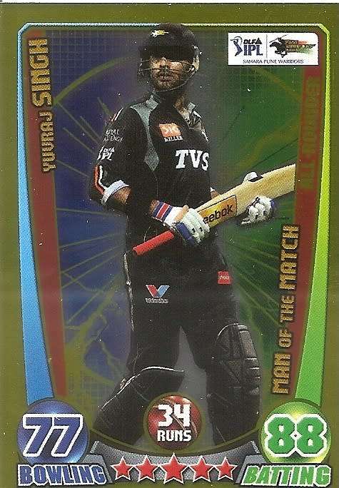 YUURAJ SINGH - TOPPS `CRICKET ATTAX` 2012 - GOLD `MAN of the MATCH` TRADING CARD