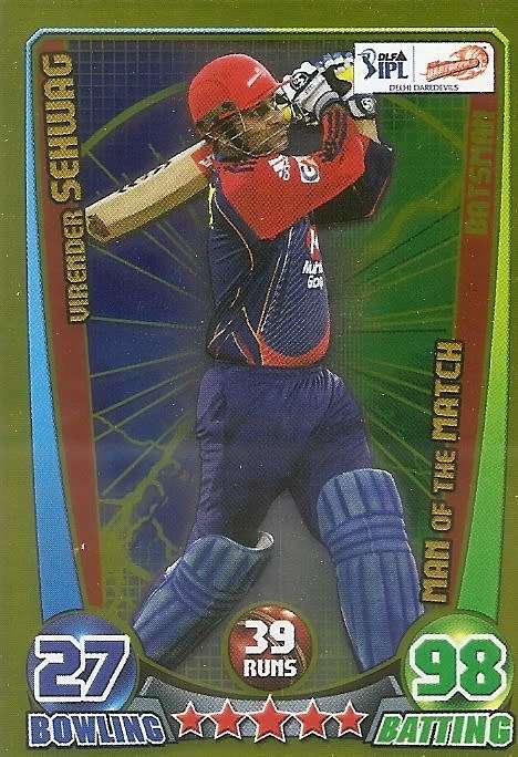 VIRENDER SEHWAG - TOPPS `CRICKET ATTAX` 2012 - GOLD `MAN of the MATCH` TRADING CARD