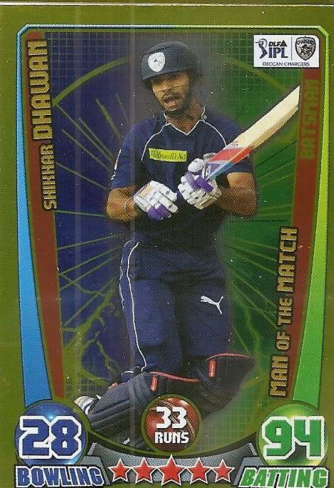 SHIKHAR DHARWAN - TOPPS `CRICKET ATTAX` 2012 - GOLD `MAN of the MATCH` TRADING CARD