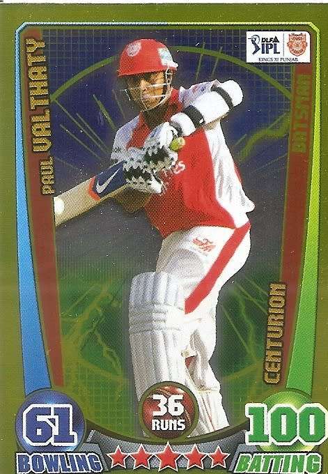 PAUL VALTHATY - TOPPS `CRICKET ATTAX` 2012 - GOLD `CLUB 100` TRADING CARD