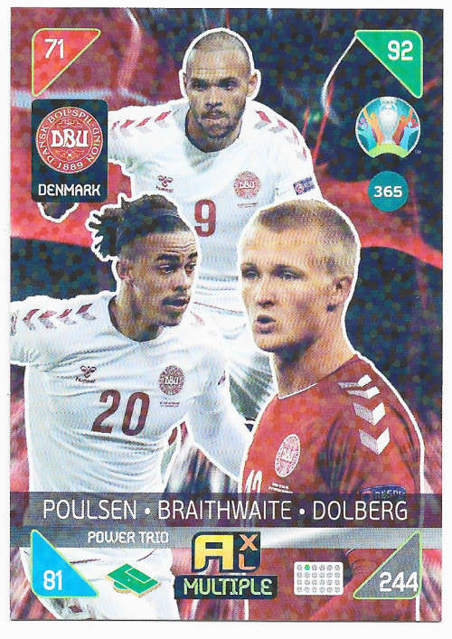 DENMARK - PANINI  `EURO 2020 KICK OFF` -  FOIL `POWER TRIO` TRADING CARD 365