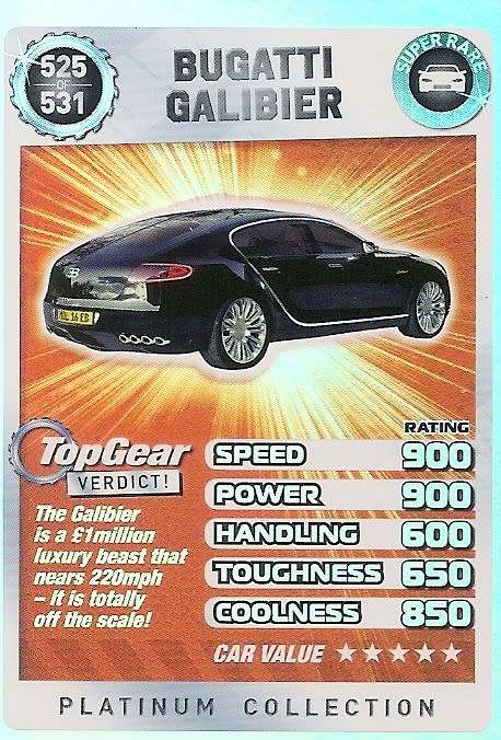 TOP GEAR TURBO CHALLANGE `PLATINUM` COLLECTION - BUGATTI GALIBIER `SUPER RARE` TRADING CARD 525
