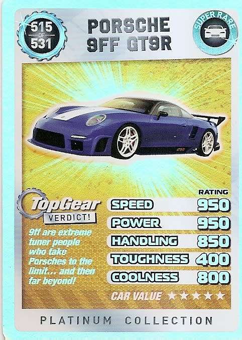 TOP GEAR TURBO CHALLANGE `PLATINUM` COLLECTION - PORCHE 9FF GT9R `SUPER RARE` TRADING CARD 515