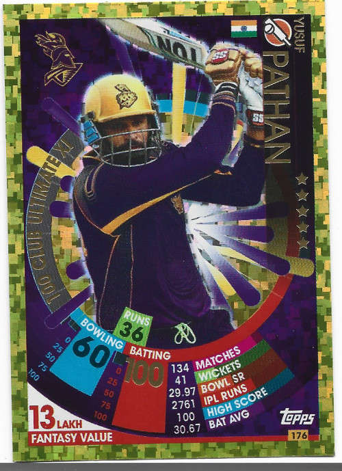 YUSUF PATHAN - IPL CRICKET ATTAX 2017/18 - RARE GOLD `100 CLUB ULTIMATE XI` TRADING CARD 176