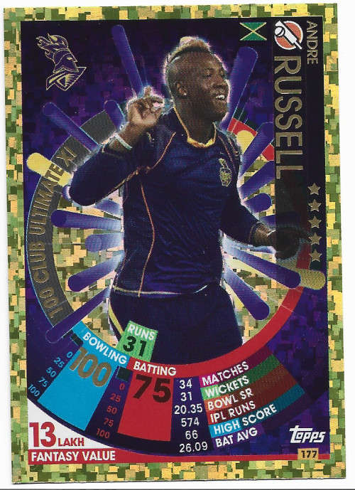 ANDRE RUSSELL - IPL CRICKET ATTAX 2017/18 - RARE GOLD `100 CLUB ULTIMATE XI` TRADING CARD 177