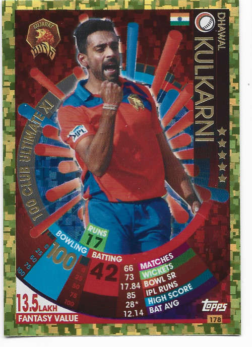 DHAWAL KULKARNI - IPL CRICKET ATTAX 2017/18 - RARE GOLD `100 CLUB ULTIMATE XI` TRADING CARD 178