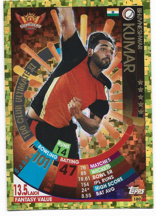 BHUV. KUMAR - IPL CRICKET ATTAX 2017/18 - RARE GOLD `100 CLUB ULTIMATE XI` TRADING CARD 180