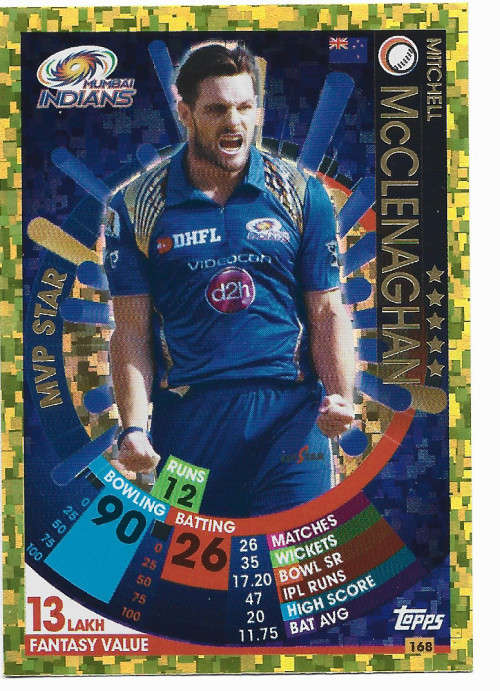 MITCHELL McCLENAGHAN - IPL CRICKET ATTAX 2017/18 - RARE GOLD `MVP STAR` TRADING CARD 168