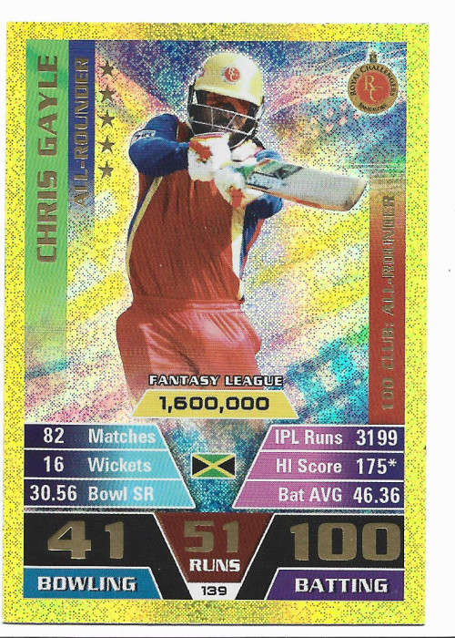 CHRIS GAYLE - IPL CRICKET ATTAX 2016 - RARE GOLD `CLUB 100` TRADING CARD 139