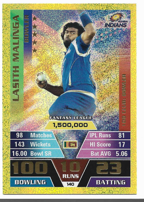 LASITH MALINGA - IPL CRICKET ATTAX 2016 - RARE GOLD `CLUB 100` TRADING CARD 140