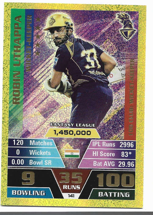ROBIN UTHAPPA - IPL CRICKET ATTAX 2016 - RARE GOLD `CLUB 100` TRADING CARD 141