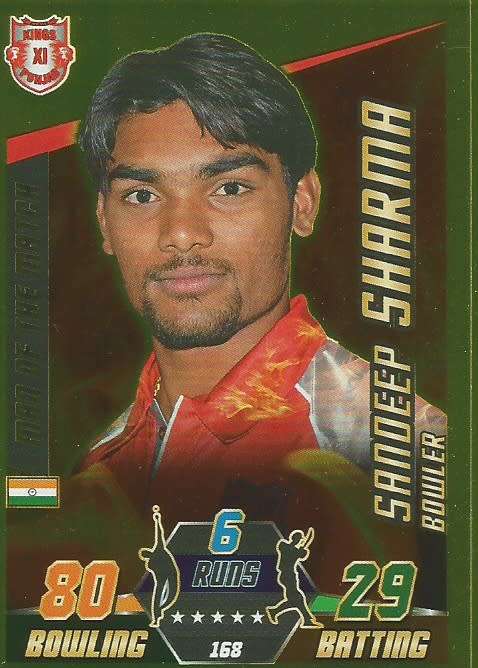 SANDEEP SHARMA - TOPPS `CRICKET ATTAX IPL` 2014 - GOLD `MAN of the MATCH` TRADING CARD 168