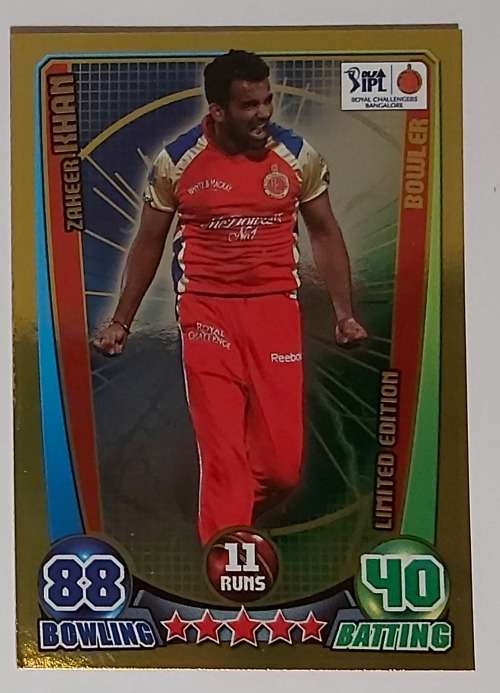 ZAHEER KHAN - TOPPS `CRICKET ATTAX` 2012 - RARE GOLD `LIMITED EDITION`  TRADING CARD