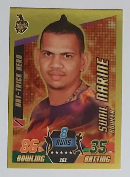 SUNIL NARINE - TOPPS `CRICKET ATTAX IPL` 2014 - GOLD `HAT TRICK HERO` TRADING CARD 161