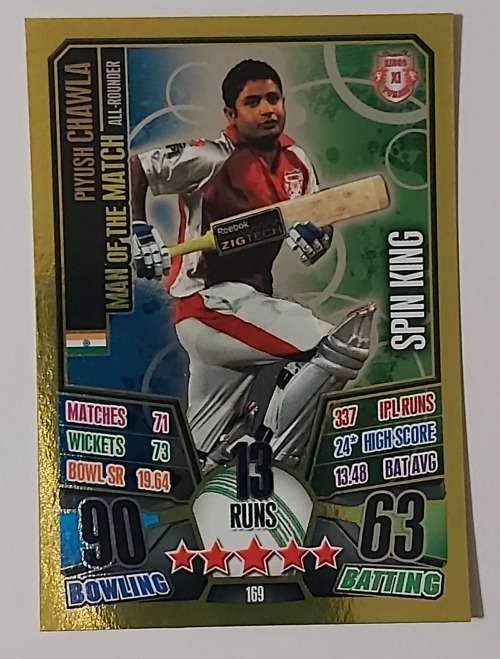 PIYUSH CHAWLA - IPL CRICKET ATTAX 2013 - RARE GOLD `MAN of the MATCH` TRADING CARD 169