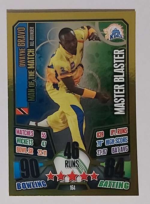 DWAYNE BRAVO - IPL CRICKET ATTAX 2013 - RARE GOLD `MAN of the MATCH` TRADING CARD 164