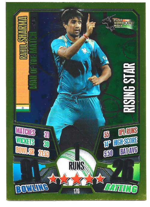 RAHUL SHARMA - IPL CRICKET ATTAX 2013 - RARE GOLD `MAN of the MATCH` TRADING CARD 176