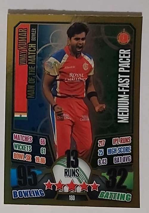 VINAY KUMAR - IPL CRICKET ATTAX 2013 - RARE GOLD `MAN of the MATCH` TRADING CARD 180