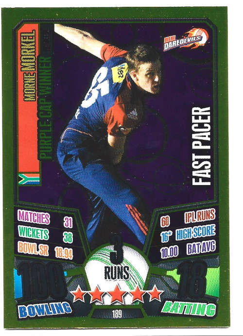 MORNE MORKEL - IPL CRICKET ATTAX 2013 - RARE GOLD `PURPLE CAP WINNER` TRADING CARD 189