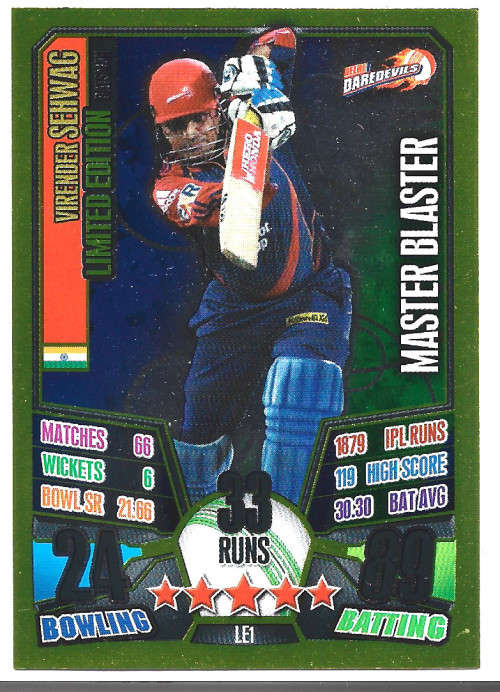 VIRENDER SEHWAG - IPL CRICKET ATTAX 2013 - RARE GOLD `LIMITED EDITION` TRADING CARD LE1