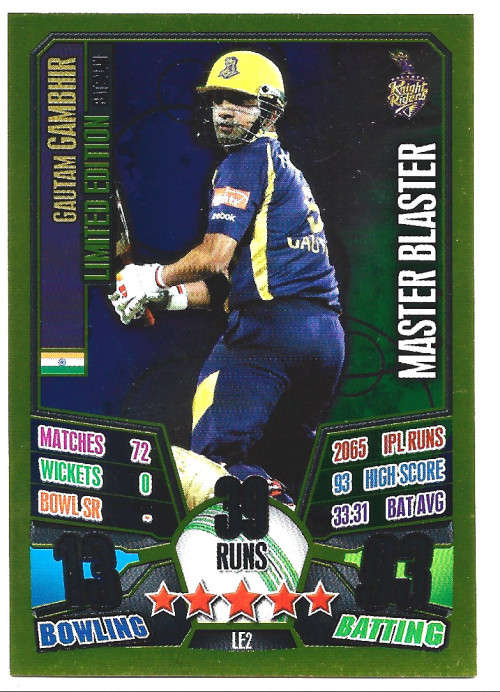 GAUTAM GAMBHIR - IPL CRICKET ATTAX 2013 - RARE GOLD `LIMITED EDITION` TRADING CARD LE2