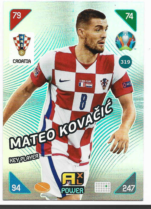 MATEO KOVACIC - PANINI  `EURO 2020 KICK OFF` - SILVER FOIL `KEY PLAYER` TRADING CARD 319