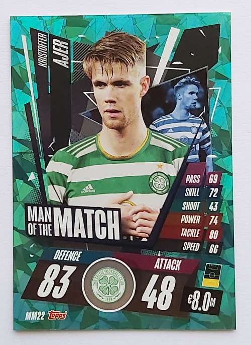 KRISTOFER AJER (Celtic) - TOPPS `CHAMPIONS LEAGUE` 2020/2021 - GREEN `Man of the Match` CARD MM22