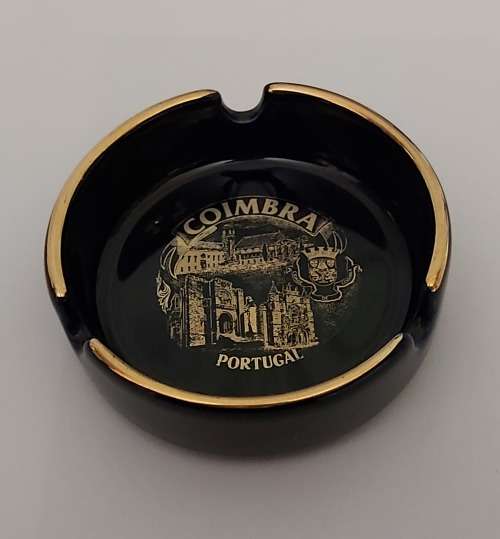 PORTUGAL SOUVENIR CERAMIC ASHTRAY (Coimbra) - 80mm Diameter - Gold Leaf Rim in EXCELENT CONDITION