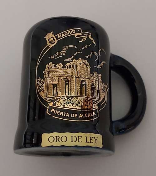 SOUVENIR of SPAIN `MADRID`  - `ORO DE LEY` BLUE MINIATURE MUG 45mm Dia. x 70mm Tall - Ex Condition