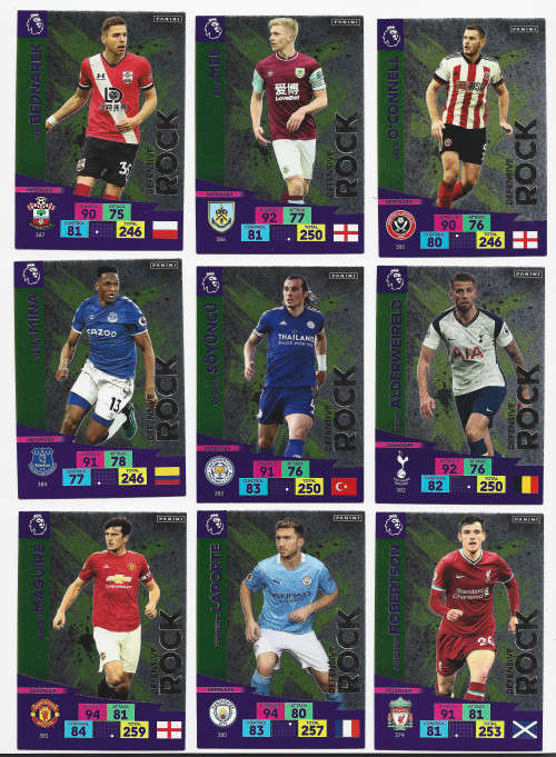 DEFENSIVE ROCK  - PANINI EPL Adrenalyn XL 2021 - COMPLETE SET of 9 FOIL TRADING CARDS 379 to 387