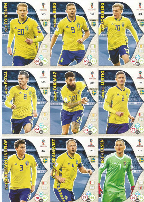 SWEDEN - PANINI FIFA WORLD CUP 2018 RUSSIA - COMPLETE TEAM OF 10 `BASE and FOIL` TRADING CARDS