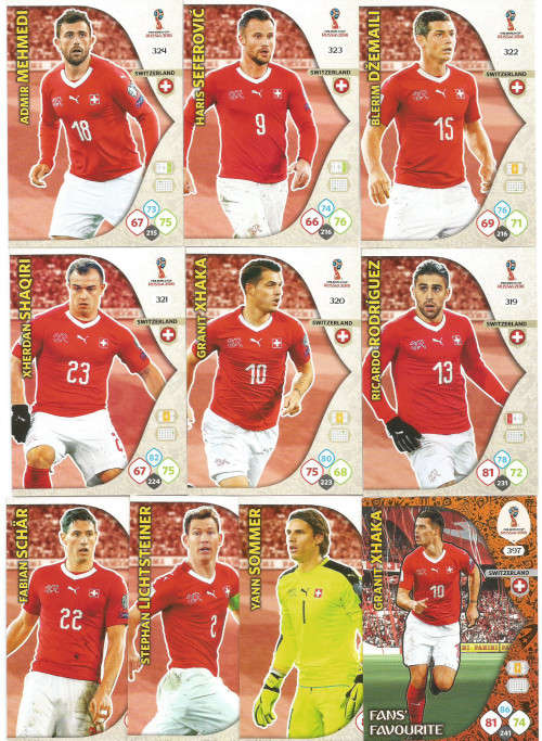 SWITZERLAND - PANINI FIFA WORLD CUP 2018 RUSSIA - COMPLETE TEAM OF 10 `BASE and FOIL` TRADING CARDS