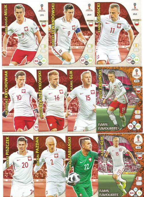 POLAND - PANINI FIFA WORLD CUP 2018 RUSSIA - COMPLETE TEAM OF 11 `BASE and FOIL` TRADING CARDS