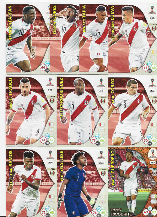 PERU - PANINI FIFA WORLD CUP 2018 RUSSIA - COMPLETE TEAM OF 10 `BASE and FOIL` TRADING CARDS
