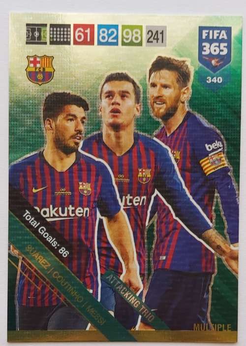 MESSI / SUAREZ/COUTINHO (BARCELONA)  - PANINI `FIFA 365` 2019 EDITION - FOIL `MULTIPLE` TRADING CARD