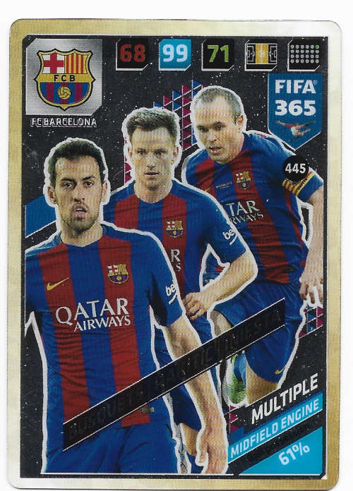 INIESTA/BUSQUETS/RAKI (Barca) - PANINI `FIFA 365 2018` EDITION - ACETATE CLEAR `MULTIPLE` CARD