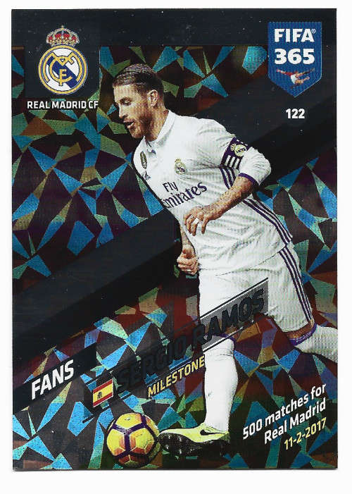 SERGIO RAMOS - PANINI `FIFA 365 2018` EDITION - FOIL `FANS MILESTONE` TRADING CARD 122
