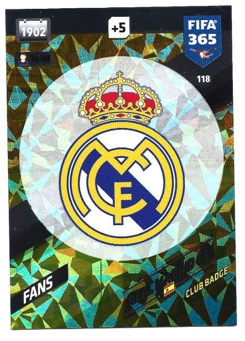 REAL MADRID FC - PANINI `FIFA 365 2018` EDITION - FOIL `CLUB BADGE` TRADING CARD 118