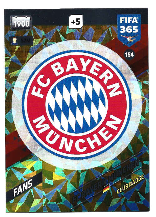 BAYERN MUNCHEN - PANINI `FIFA 365 2018` EDITION - FOIL `CLUB BADGE` TRADING CARD 154
