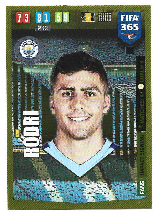 RODRI - PANINI `FIFA 365` 2020 COLLECTION - FOIL `IMPACT SIGNING` TRADING CARD 49